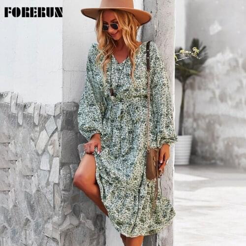 FORERUN Autumn Floral Dress Women Long Boho V-Neck Lantern Long Sleeve Elegant Slim Waist with Blet Elegant Robe Longue Femme