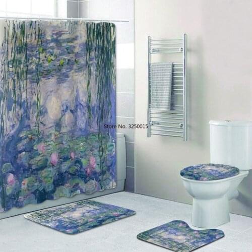 Claude Monet Water Lilies Shower Curtain Bathroom Curtain Set Detail of Waterlilies Bath Mat Rug Art Painting Home Decor 4PCS
