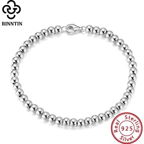 Rinntin 925 Sterling Silver 4mm Bead Ball Strand Chain Bracelet for Women Trendy Handmade Bracelets Jewelry 6.5/7/7.5/8 In SB103