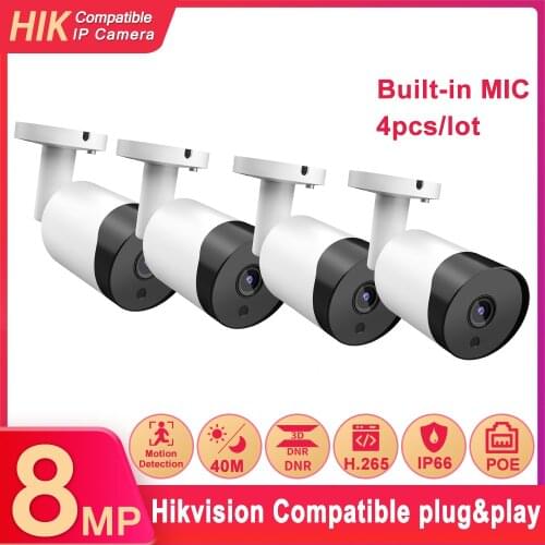 Hikvision Compatible IP Bullet Camera PoE 2MP 5MP 8MP Built-In Mic H.265 IR 30M Motion Detect IP66 Waterproof 4pcs/lot