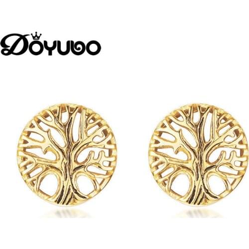 DOYUBO European Design Tree Of The Life Earrings For Women Gold Color Stainless Steel Stud Earrings Female Fashion Jewelry DB200
