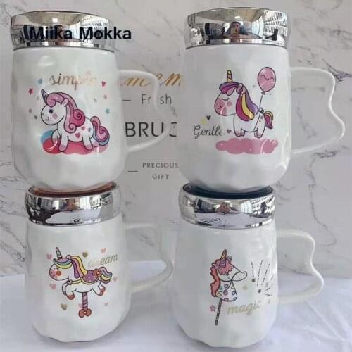 Unicorn Deer Cartoon Ceramic Coffee Mug with Lid Mirror Seal Leakproof Mug Fashion Cup Milk Juice Cup Home Office Drinkware