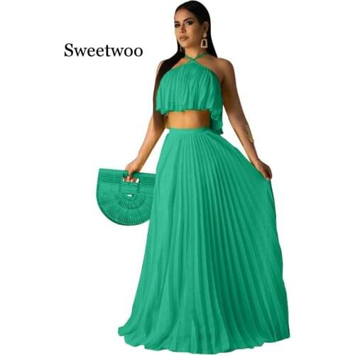Summer Chiffon Two Piece Long Dress Women Elegant 2 Piece Set Crop Top And Skirt Set Sexy Sleeveless Beach Party Outfit Yellow