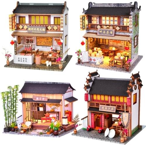 Chinese Ancient BBQ Shop DIY Wooden Dollhouse Kit Miniature with Accessories Doll House Casa Assembeld Toys for Adults Gifts