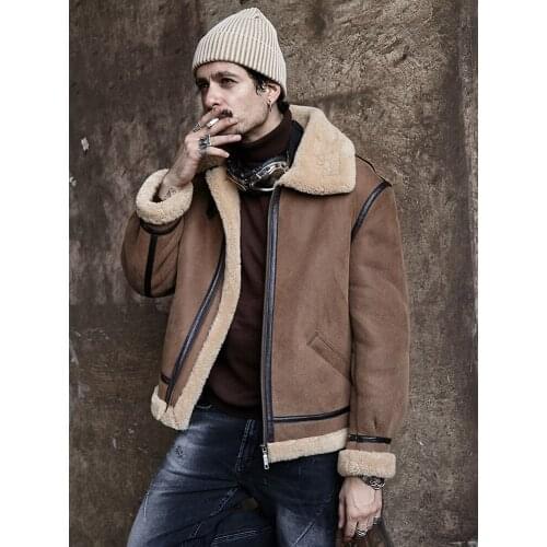 2019 New Mens Shearling Jacket B3 Airforce Flight Coat Short Leather Jacket Winter Mens Fur Coat