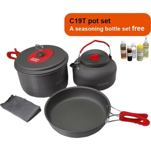 ALOCS CW-C19T 2-3 People Outdoor Camping Cook set 5 pieces with Bag 2.2L Pot 1.4L Teapot 7.5 Inches Frying Pan