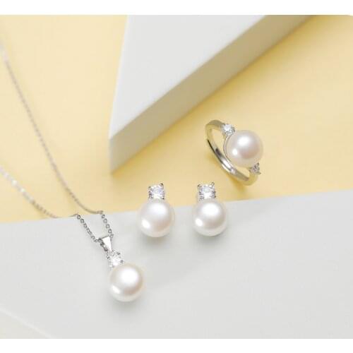 Real Natural Freshwater Pearl Necklace Sets Jewelry for Women Pendant Ring Earrings 10mm Wedding/Party Sets Charm Gift