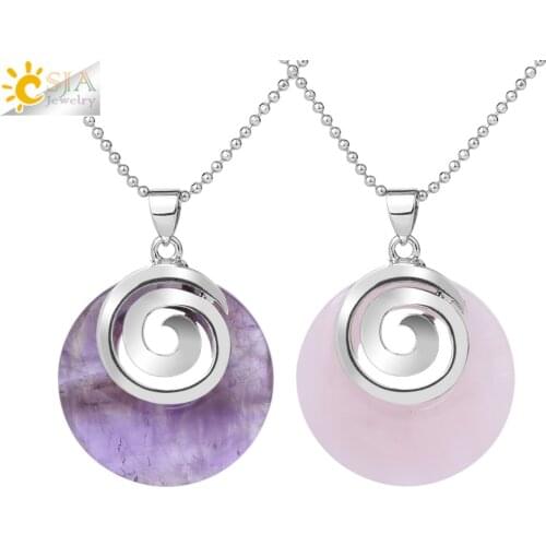 CSJA Natural Stone Necklaces & Pendants Hollow Round Spiral White Crystal Black Agates Lava Chakra Reiki Pendulum for Girls F864