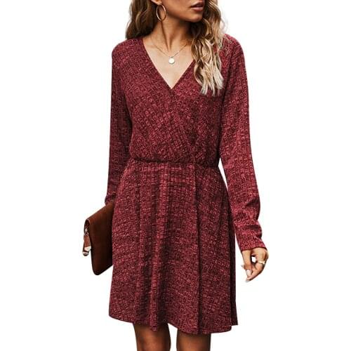 Sale Woman V neck Long Sleeve Mini Dress Casual Thick Warm Dresses for Ladies Sexy Clothing Female Office Solid Autumn Dress D30