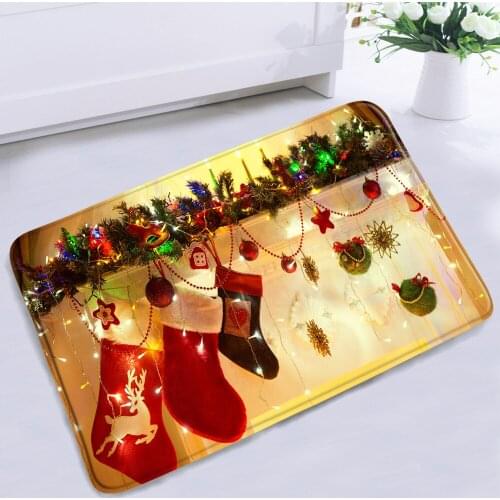 Christmas Theme Bathroom Mat Xmas Stocking Rope Ball Elk Hanging Decor Pattern Non-slip Flannel Bedroom Floor Rugs Bath Carpet