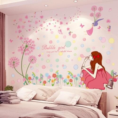 [shijuekongjian] Bubbles Girl Wall Stickers DIY Purple Dandelion Flowers Mural Decals for Kids Rooms Baby Bedroom Decoration