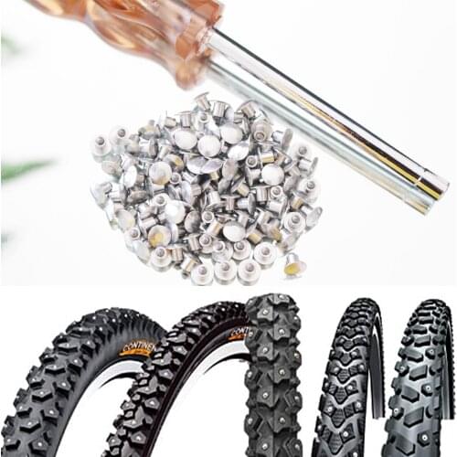 100pcs 6.5mm/0.26" Tyre Snow Gripping Studs Aluminum Tire Spikes Winter Studded Mountain Bike Spikes for Fat bike Mount TIres