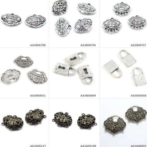 Antique Bronze Silver Plated Jewelry Making Charms Chinese Blessing Fake Lock Connector Square Crafting Craft