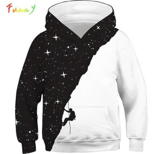 Black White Starry Sky Climber Long Sleeve Sweatshirt Boy Girl Clothes Casual 3D Print Boys Hoodies Teen Outwear Pullovers