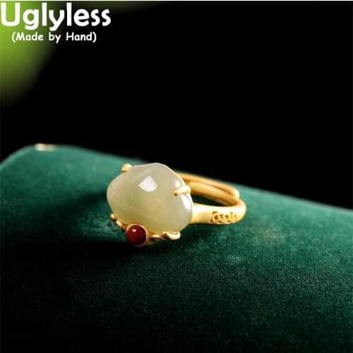 Uglyless Like a Peach Natural Jade Rings for Women Abstract Heart-shape Gemstone Jewelry Real 925 Silver Agate Rings Gold Bijoux