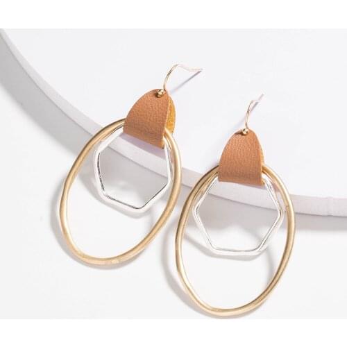 Vintage Oval Gold y Hexagon Frame Leather Earrings Gold Color Fashion Brand Women Jewelry Dangle Earrings