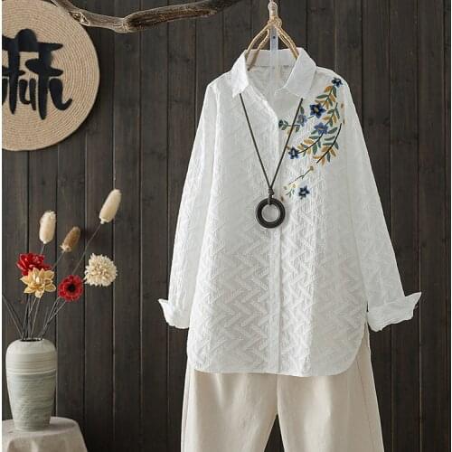 White Embroidery Leaves Women Shirt Blouse Spring Loose Single-Breasted Casual Tops Long Sleeved Elegant Shirts High Quality New