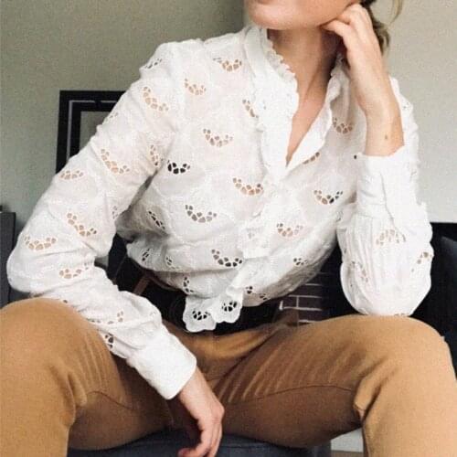 Embroidery Chic Blouse Women 2021 Ruffles Neck Long Sleeve Button Hollow Out Sexy Shirt Spring Vintage White Retro Shirts Tops