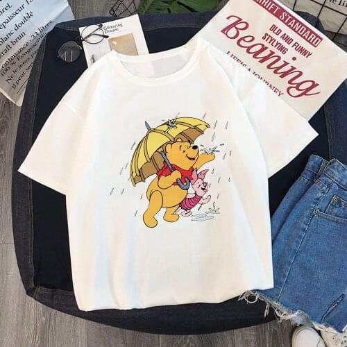 Womens T Shirts Pooh Bear Winnie Pooh Bear Pig Print Cartoon Tshirts Fashion White O-neck Short Sleeve Female Disney T-shirts