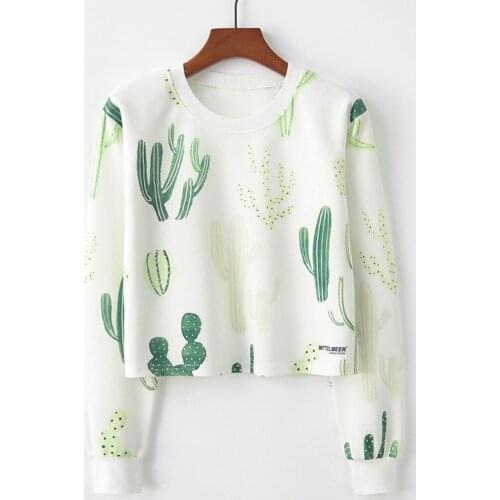 Women Harajuku Cactus Print Sweatshirt Casual Loose Crop Tops Long Sleeve Pullovers Women O-Neck Kawaii Cute Cropped Hoodies