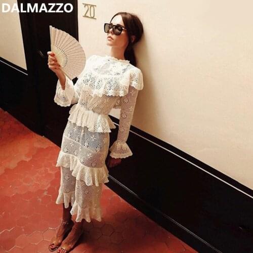 High Quality Womans Lace Hollow Out Embroidery Long Dresses 2020 Newest White Women Long Sleeve Runway Slim Lining Dress Mujer