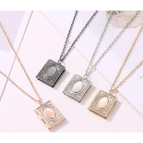 1pc Fashion Carved Vintage Style Delicate Imitation Book Locket Necklace Secret Hiding Place Photo Locket Necklace Photos Box