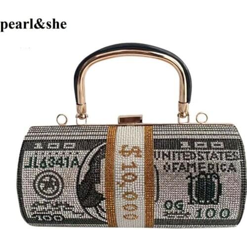 2021 Rhinestone Money Clutch purse Dollar painting Crystal Diamond Evening bags women Round Luxury designer Party Handbag B368