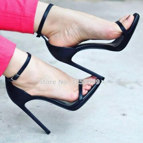 ALMUDENA Ladies Concise Black Nude Single Strap High Heel Sandals Celebrity Stiletto Heel Ankle Buckle Strap Office Lady Shoes