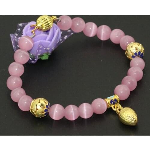 Pink cat eyes 8mm round beads bracelets for women girls gifts gold-color cloisonne spacers unique design jewelry 7.5inch B2733