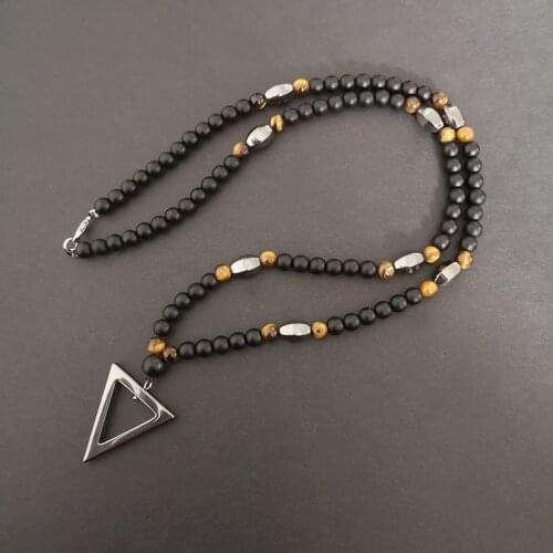 Retro Black Long Necklace Tiger-Eye Stone Beads with Triangle Pendant for Men and Women Natural Jewelry Fashion Gift
