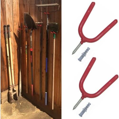 Red Vinyl Coated Steel Wall Mount Screw-in Tool Holders 4.5" U-Hooks for Garage Storage Hang Shovels Rakes Brooms Garden Tools