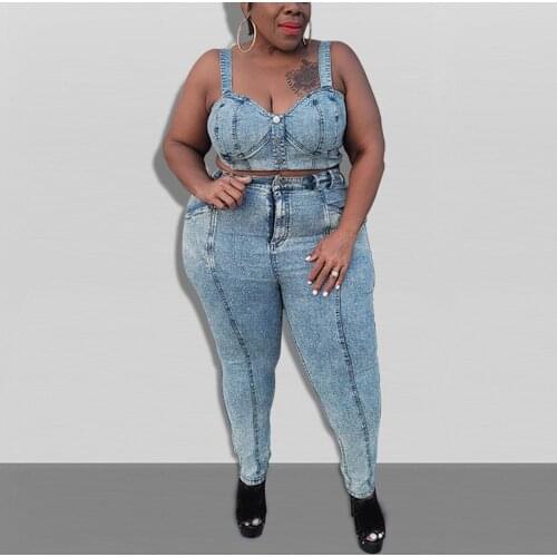 Plus Size Jeans Pants Sets Oversized 4XL 5XL Crop Tops & Pencil Pants Skinny High Waisted Fashion Two Pieces Matching Sets New