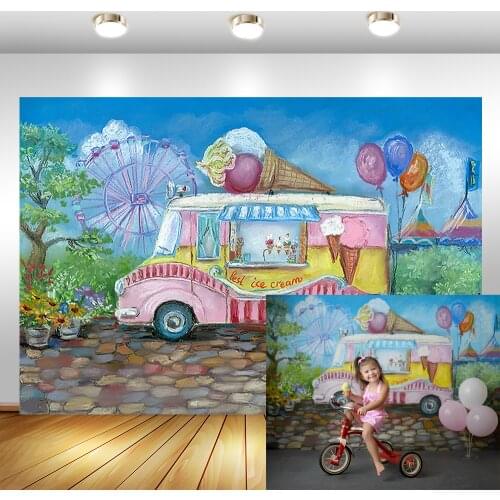 Ice Cream Truck Store Background for Photography Ferris Wheel Balloon Backdrop Children Backgrounds for Photo Studio