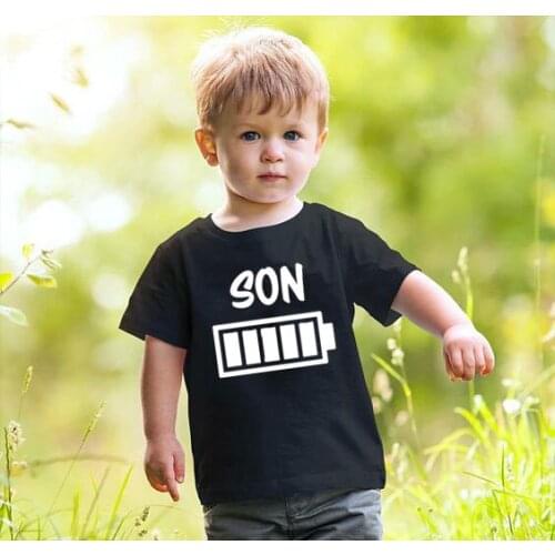 Summer Kids Tshirt Funny Battery Son Children Casual Short Sleeves Outfits Baby Boys Print Tee Shirt Boy Round Neck Shirt