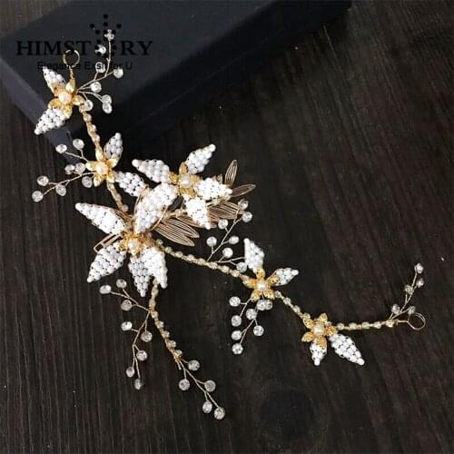 HIMSTORY Bohemian Pearl Rhinestone Hair Tiara Gold Flower Leaf Headband Hair Vine Handmade Prom Party Wedding Hair Accessories