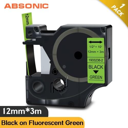 Absonic Black on Fluorescent Green Label Tape Compatible Dymo D1 Tape 1933238-2 12mm*3m for Dymo Label Printer Typewriter LW400