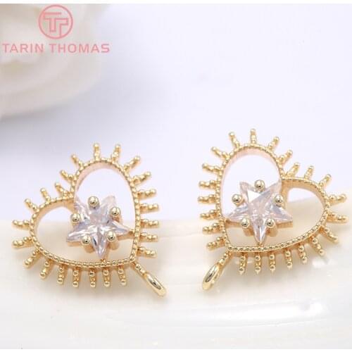 4PCS 13x13MM Hole 1MM 24K Gold Color Plated Brass with Zircon Heart Stud Earrings High Quality DIY Jewelry Making Findings