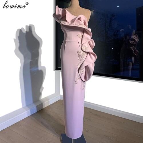 Muslim One Shoulder Pink Cocktail Dresses 2020 Mermaid Ankle Length Prom Dresses Woman Party Night Vestido Coctel Mujer Elegant