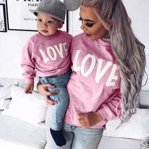 New Fashion WomenS Long-Sleeved Shirt Casual Round Neck Sweater Alphabet Fashion Printing Love Parent-Child Wear Sweater