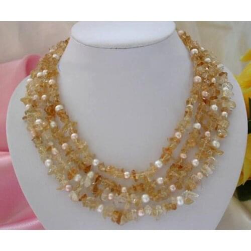 New Unique Pearl Jewelry 4 Rows White Pink Freshwater Pearls Yellow Crystal Necklace Shell Flower Clasp Fine Women Gift