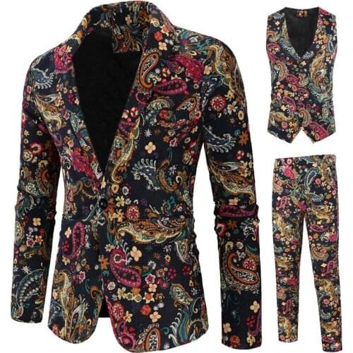 New mens suit national style printed slim-fit mens suit three-piece suit (jacket + pants + vest) mens business casual suit