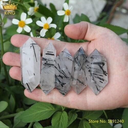Natural Black Rutilated Quartz Hexagon Double Point Pendant Necklace Raw Quartz Gemstones Healing Point Jewelry Charms DIY