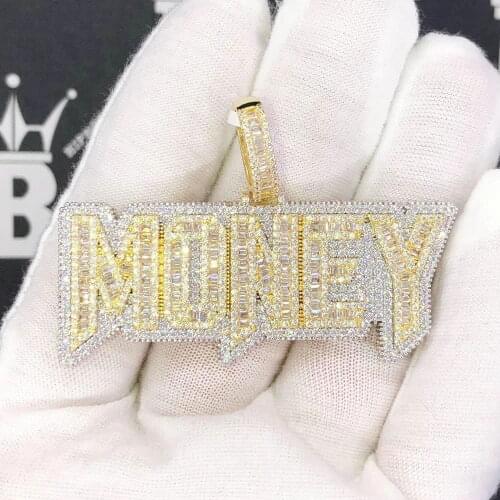 Iced Out Bling Baguette Cubic Zirconia CZ Money Letter Pendant Necklace Hip Hop Dollar Men Boy Jewelry