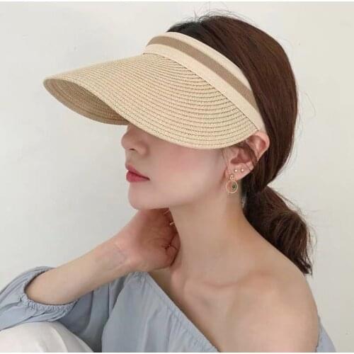 Womens Straw Hats Summer Panama 2021 Big Brim Empty Top Sun Visor Beach Hat Sun Protection Fishing Outdoor Female Caps MZ108