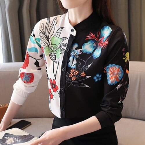 Spring 2021 Long Sleeve Chiffon Blouse Casual Plus Size Tops Shirts Print Female Stand Collar Vintage Women Shirt Blusas 8004