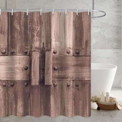 Rustic Shower Old Wooden Bronze Charcoal Garage Door Farm Style Curtains Artwork Image Cloth Fabric Bathroom Decor Set with Hook