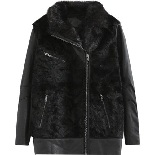 Evfer Stylish Lady Faux Fur Patchwork Pu Black Long Warm Jackets Outwear Women Winter Fashion Zippers Faux Leather Thick Coats