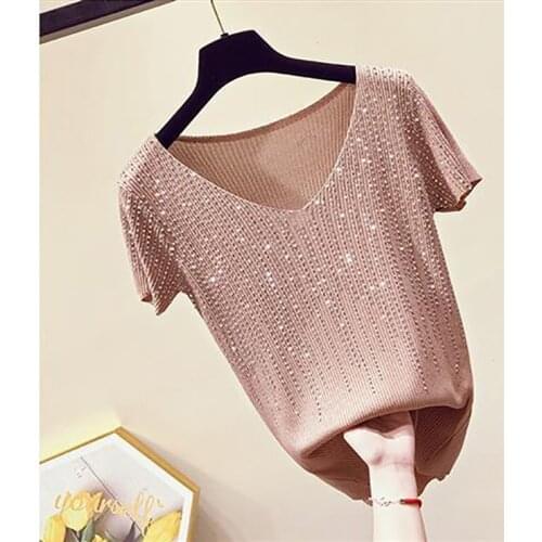 Black Green Blue V-Neck Tops Tee Lady Casual Short Sleeve Diamonds T-Shirts Women Summer StyleCasual Tshirts Tops