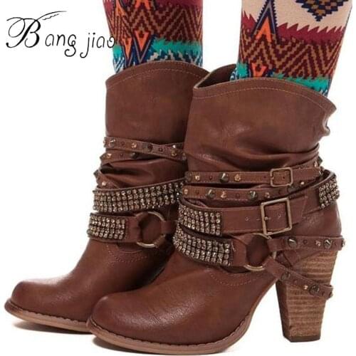 Women Fashion PU Punk Draped Round Toe High Heel Ankle Boots Metal Decoration Martin Boots Buckle Autumn Winter Ladies Shoes