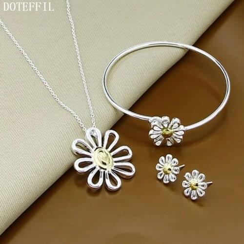 DOTEFFIL 925 Sterling Silver Gold Flower Necklace Bangle Earring Set For Woman Wedding Engagement Party Fashion Charm Jewelry